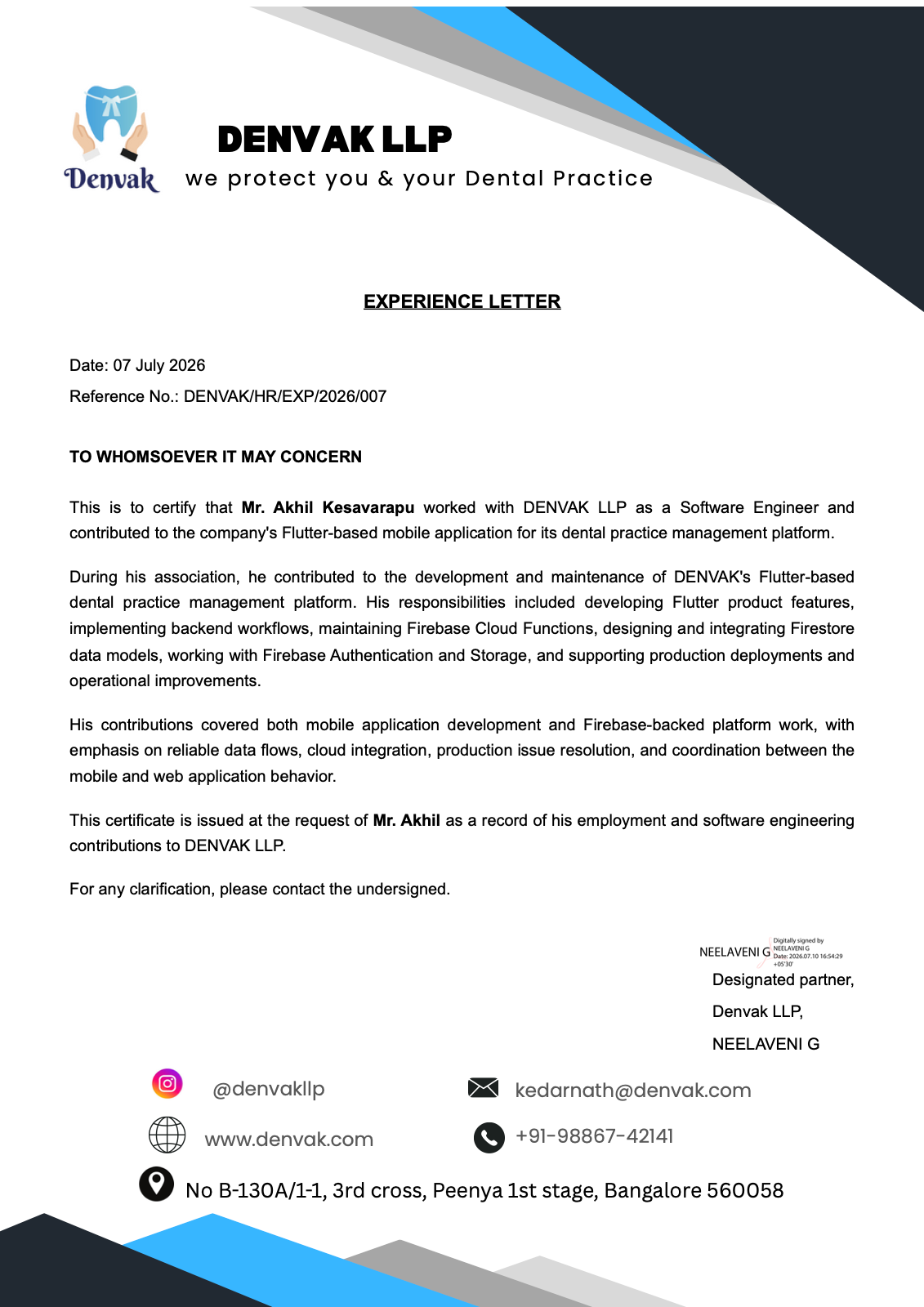 Denvak LLP - Experience Letter