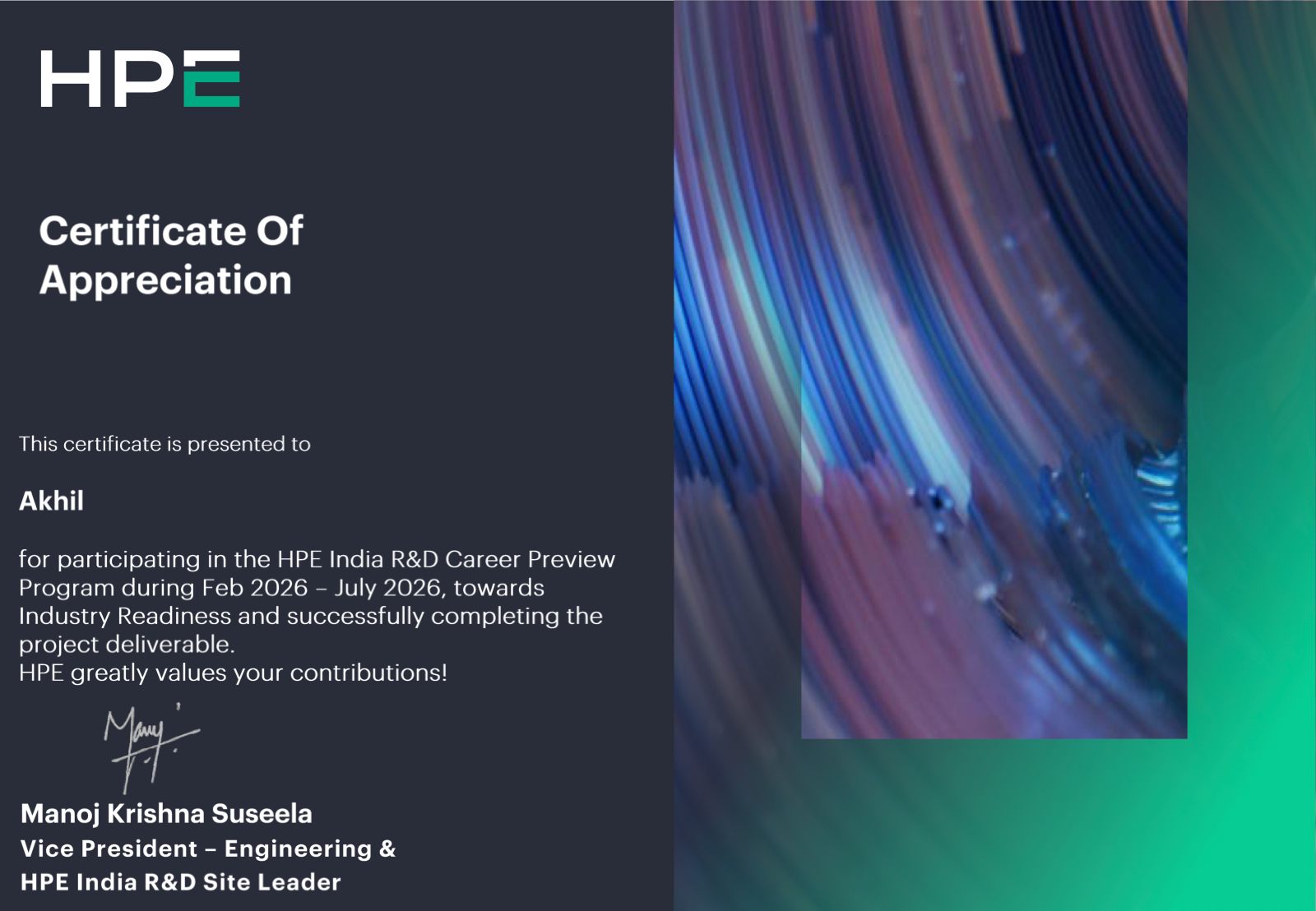 HPE - Certificate of Appreciation