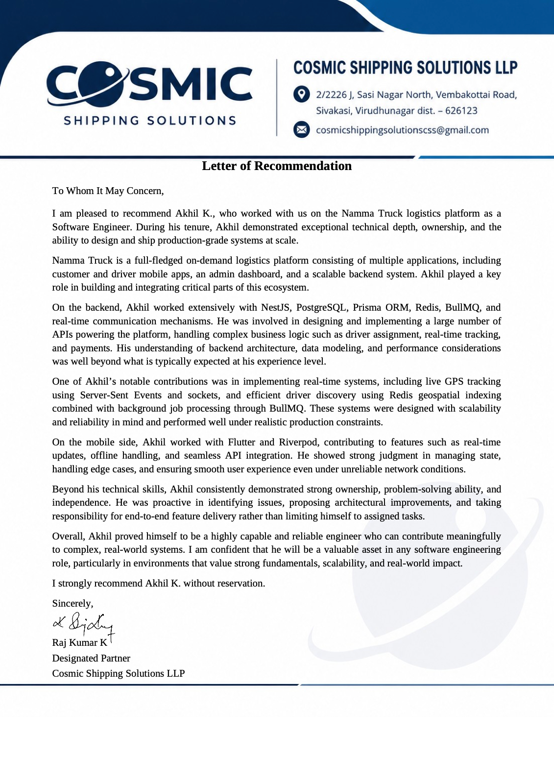 Namma Truck - Letter of Recommendation & LOC